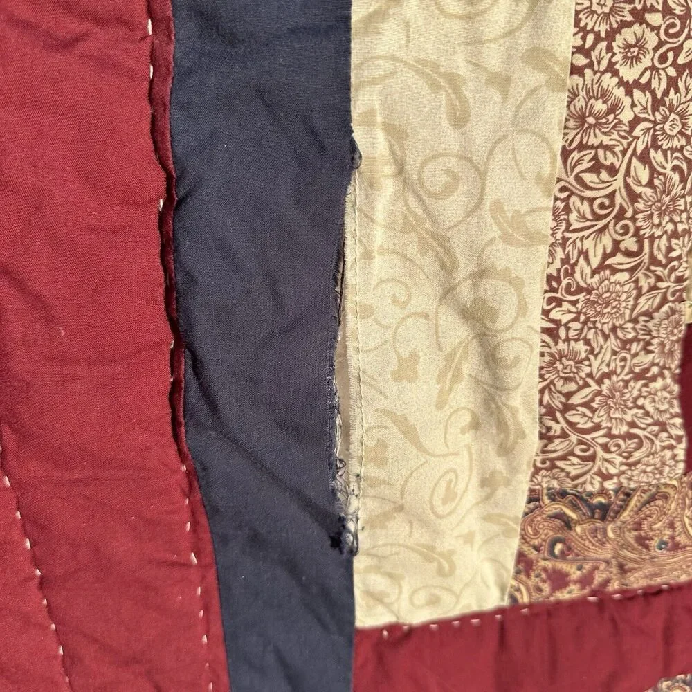 Vintage Hand Stitched Patchwork‎ Quilt Burgundy Classic Log Cabin